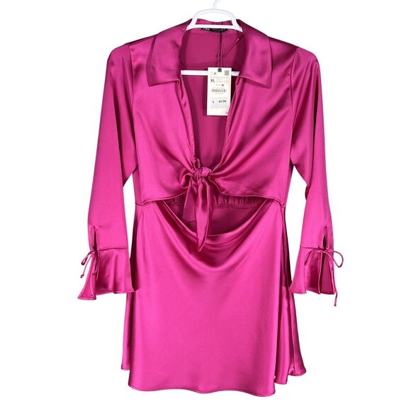 Zara XL NWT Blogger Favorite Pink Satin Cut Out Mini Dress Bell Sleeves Coquette - Picture 2 of 16